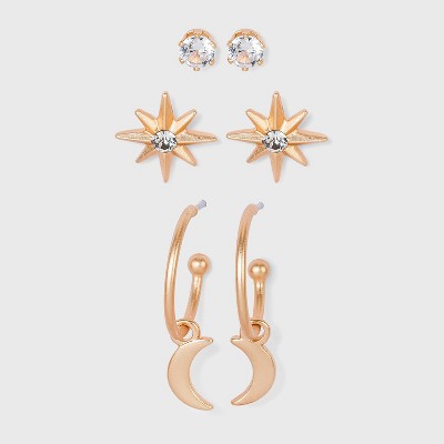 Moon Hoop Stud Earring Set 3pc - Gold