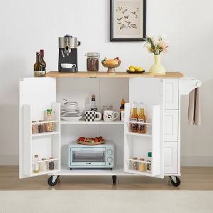 Evita Kitchen Island Table Kitchen Cart with Drop Leaf Countertop, Rolling Wheels, Storage Cabinet and Tower Rack, White - 1 of 4