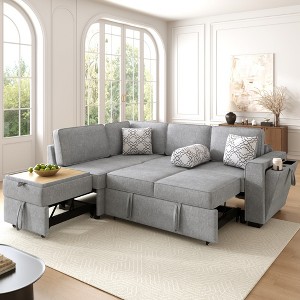 Whisen Chenille Sectional Sofa Bed, Dual Pull-Out Sleepers, Flip-Top Table, USB Ports, Cup Holder & Storage - 1 of 4