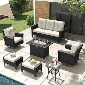 LayinSun Wicker Patio Furniture Set with Fire Pit Table, Classis Outdoor Conversation 360 Degree Swivel Chairs Set with Coffee Table - 1 of 4