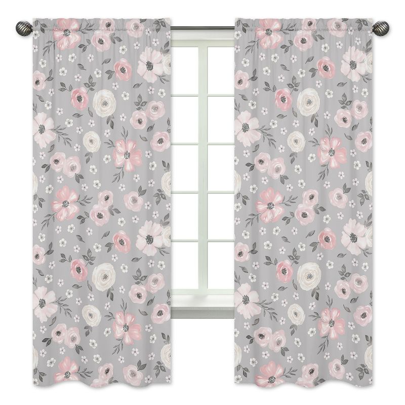 Sweet Jojo Designs Window Curtain Panels 84in. Watercolor Floral Grey Pink White, 1 of 6