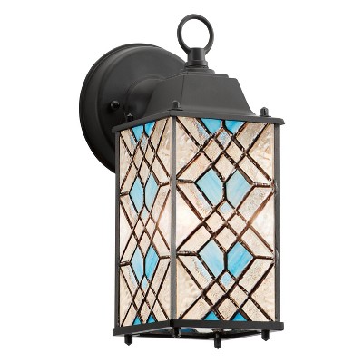 10.25" 1-Light Traditional Satin Outdoor Stained Glass Lantern Wall Sconce Black - River of Goods