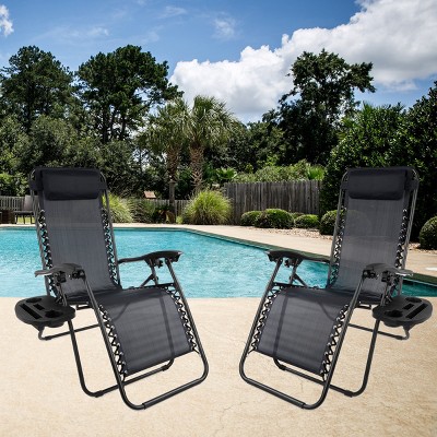 Set of 2 Black Zero Gravity Outdoor Reclining Chairs with Side Tables