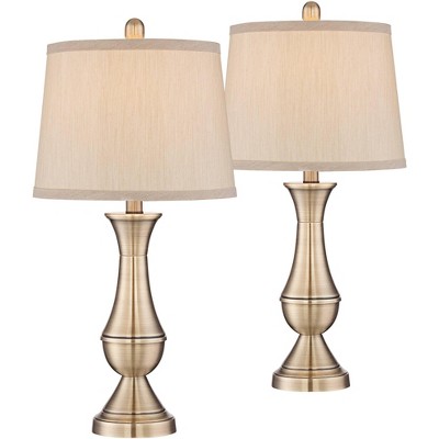 Regency Hill Traditional Table Lamps 24.75" High Set of 2 Antique Brass Metal Beige Drum Shade for Living Room Family Bedroom Bedside Office