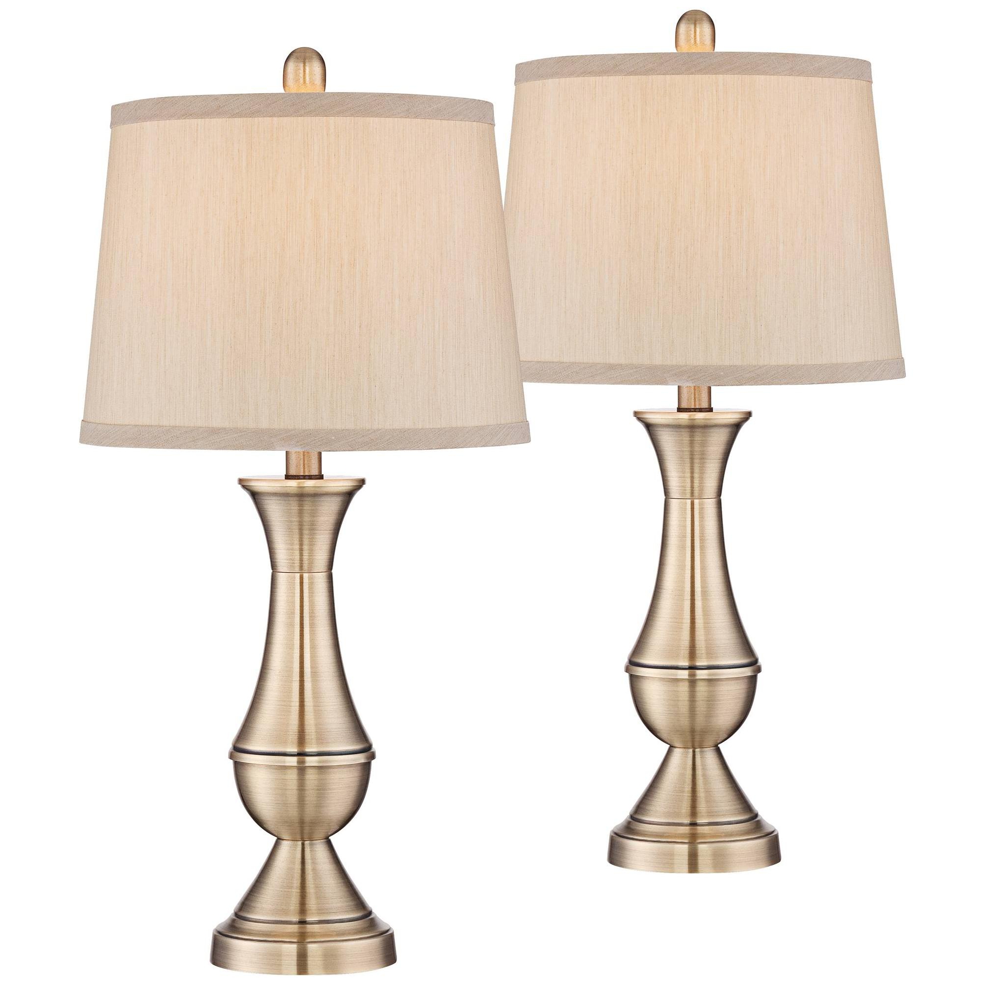 Regency Hill Becky Traditional Table Lamps 24 3/4" High Set of 2 Antique Brass Metal Beige Drum Shade for Bedroom Living Room Bedside Nightstand Home
