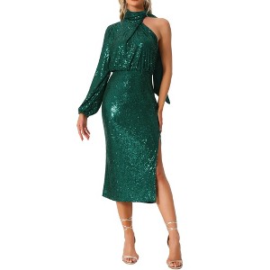 Allegra K Women's Sequin One Shoulder Long Sleeve Sparkly Party Maxi Dress - 1 of 4