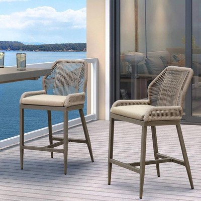 PURPLE LEAF Patio Sunbrella Bar Stools Set of 2 Handwoven Wicker Bar Height Stool Modern Aluminum Outdoor Wicker Barstools with Back and Cushion