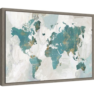Teal and Gray Framed World Map Canvas Print