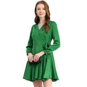 INSPIRE CHIC Women's V-neck Long Sleeve Tie Waist Ruffle Hem Mini Dress - 1 of 4