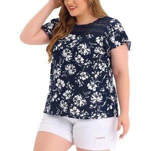 Agnes Orinda Women's Plus Size Floral Printed Lace Panel Keyhole Back Flare Sleeve Blouses - 1 of 4
