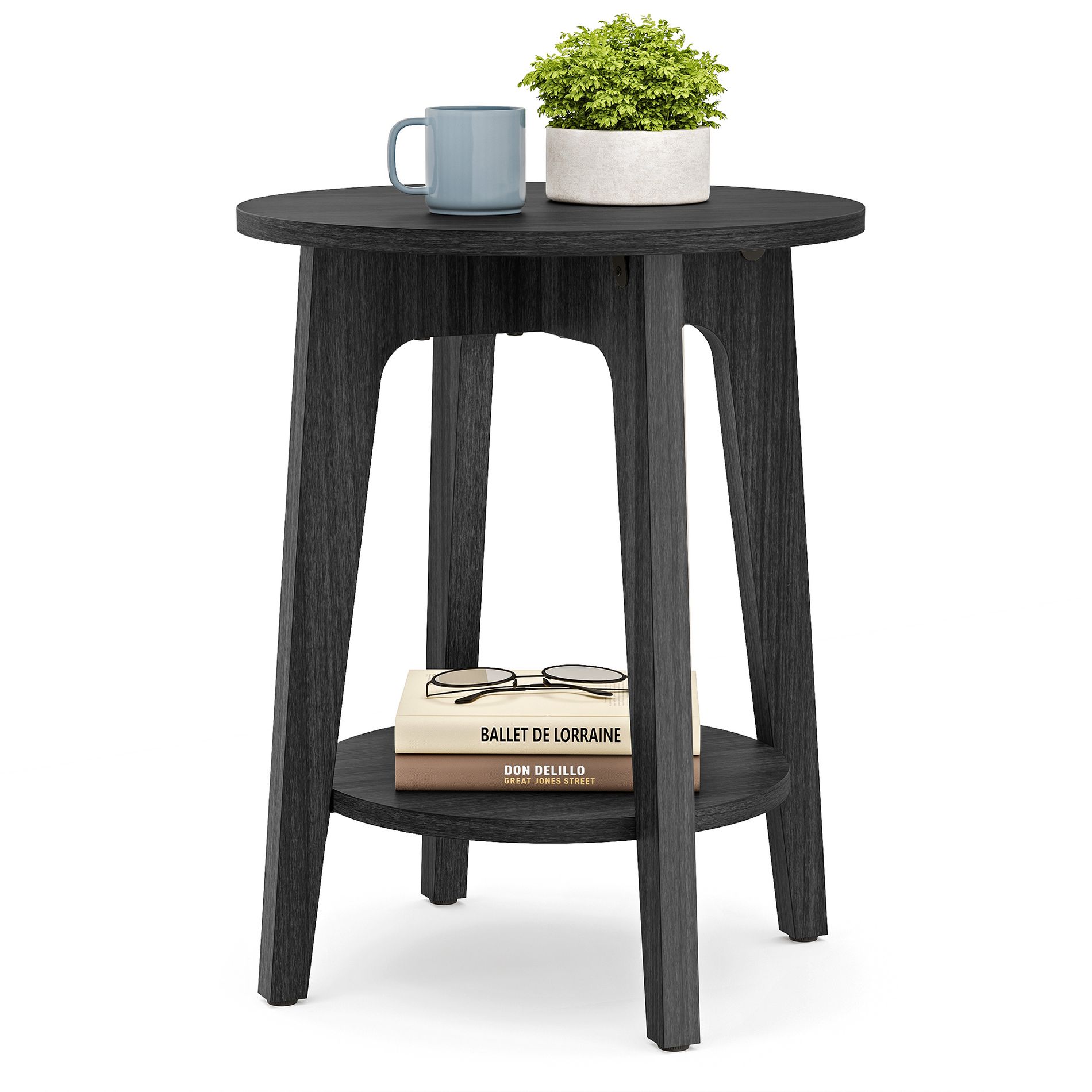 Round Side Table with Lower Shelf, End Table for Small Spaces, Nightstand