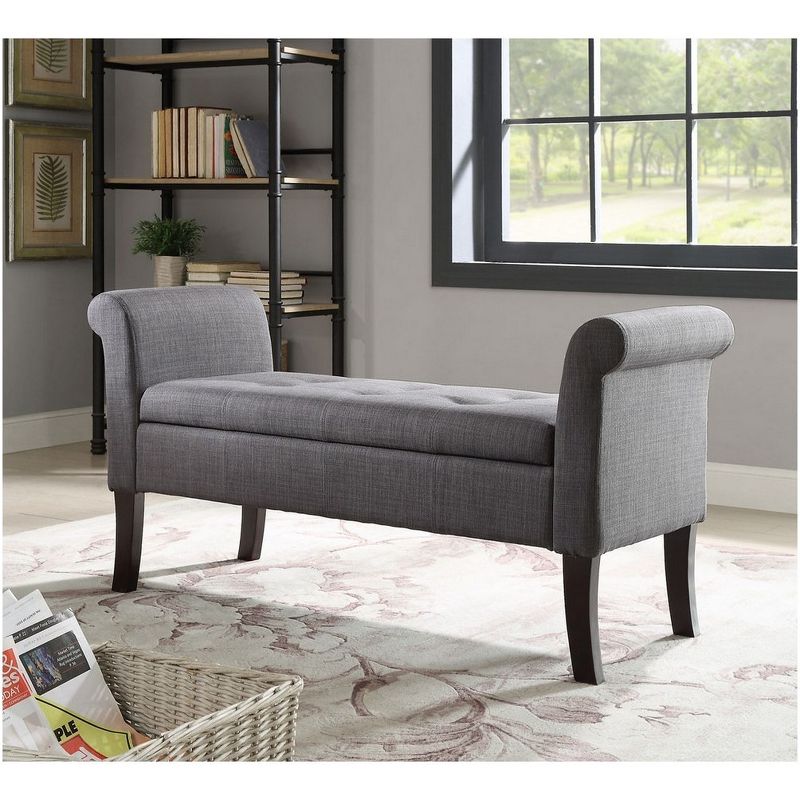 52.5&#34; Indie Rolled Arm Gray Tufted Upholstered and Dark Espresso Solid Wood Storage Bench Gray - Linon, 3 of 8