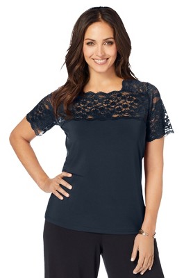 Jessica London Women's Plus Size Stretch Lace Neckline Top