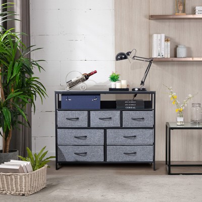 DOMETOUR 38" Wide Wooden Cabinet with 7 Fabric Storage Drawers and Wood Top, Grey