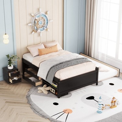 GDFStudio Egbert 3pcs Full Size Wood Bedroom Furniture Sets with Trundle, Shelves and Nightstand