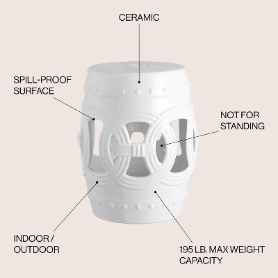 White Ceramic Drum Garden Stool with Lucky Coin Symbols, 16"