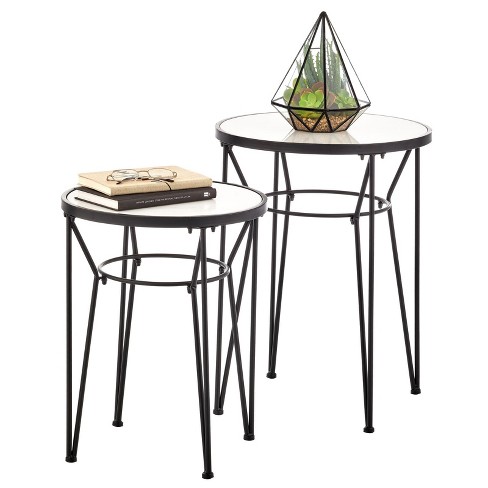 mDesign Round In-Lay Accent Table, Hairpin Legs, Set of 2, Matte  Black/Marble