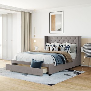 NicBex Queen Upholstered Platform Bed Frame with Wingback Velvet Headboard and 1 Drawer,Wood Slats Support,No Box Spring Needed,Easy Assembly - 1 of 4