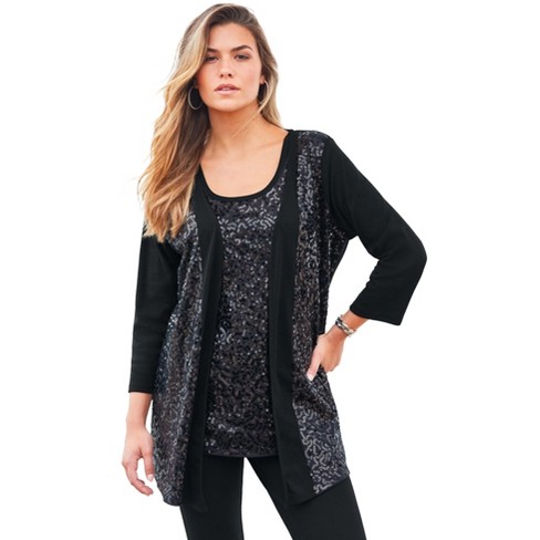 Roaman's Women's Plus Size Sequin-Panelled Tank & Cardigan Set - image 1 of 4