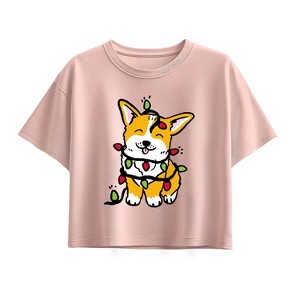 Girls' - Instant Message - Corgi Wrapped In Christmas Lights Short Sleeve Boxy Graphic T-Shirt - 1 of 2