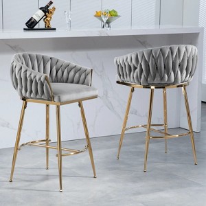 26'' Counter height bar stools Set of 2,velvet kitchen island counter bar stool with hand- wave back,golden chromed base and foot rest(GREY) - 1 of 4