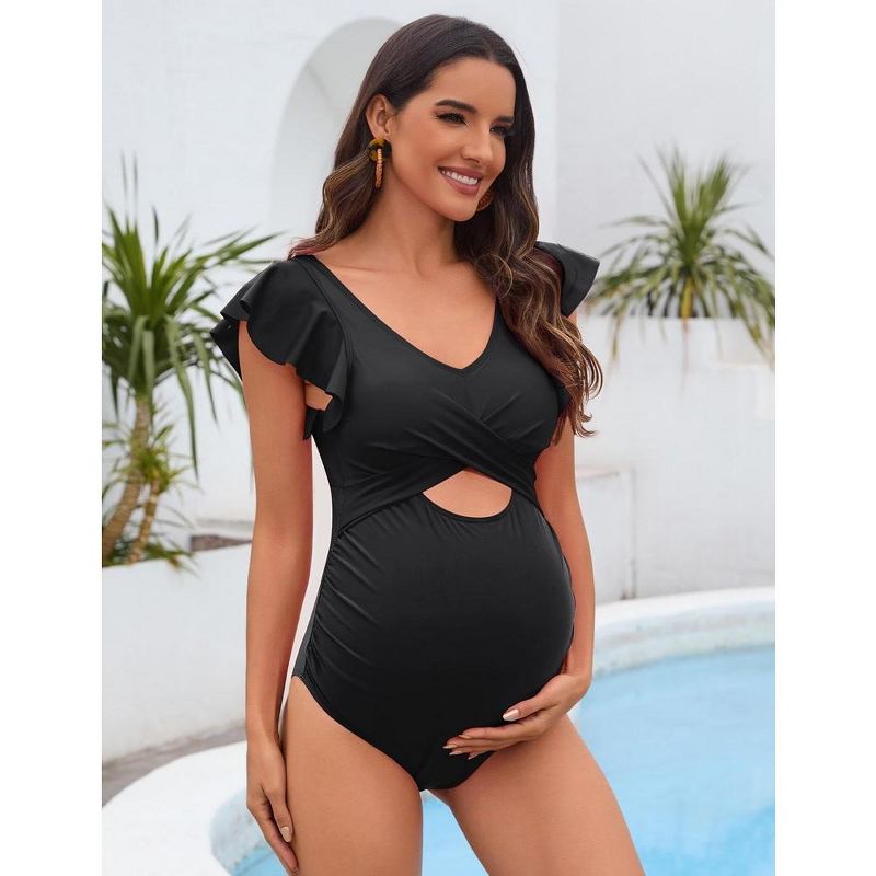 Ruffle Maternity Swimsuit One Piece High Waisted Pregnancy Bathing Suits Push Up Swimwear, 2 of 7