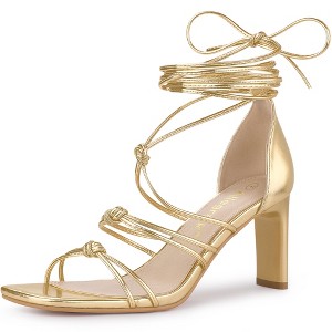 Allegra K Women's Square Toe Lace Up Strappy Chunky High Heels Sandals - 1 of 4