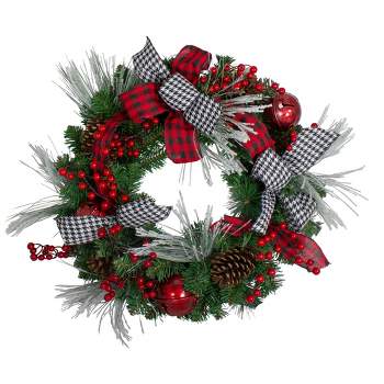 Northlight Plaid and Houndstooth and Red Berries Artificial Christmas Wreath - 24-Inch, Unlit