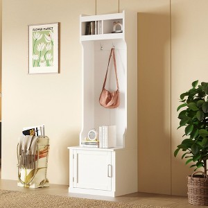 The Misty Moon White Hall Tree with Cabinet and 3 Hanging Hooks Multi-functional Storage Bench with Coat Rack - 1 of 4