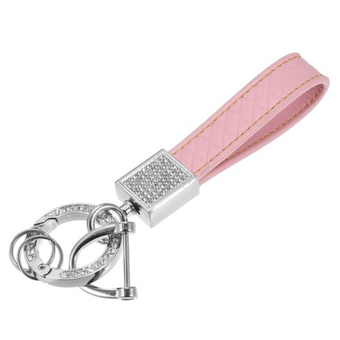 Unique Bargains Car Fob Key Chain Keychains Holder PU Leather 360 Degree  Rotatable with D Shaped Ring Key Rings Set Pink