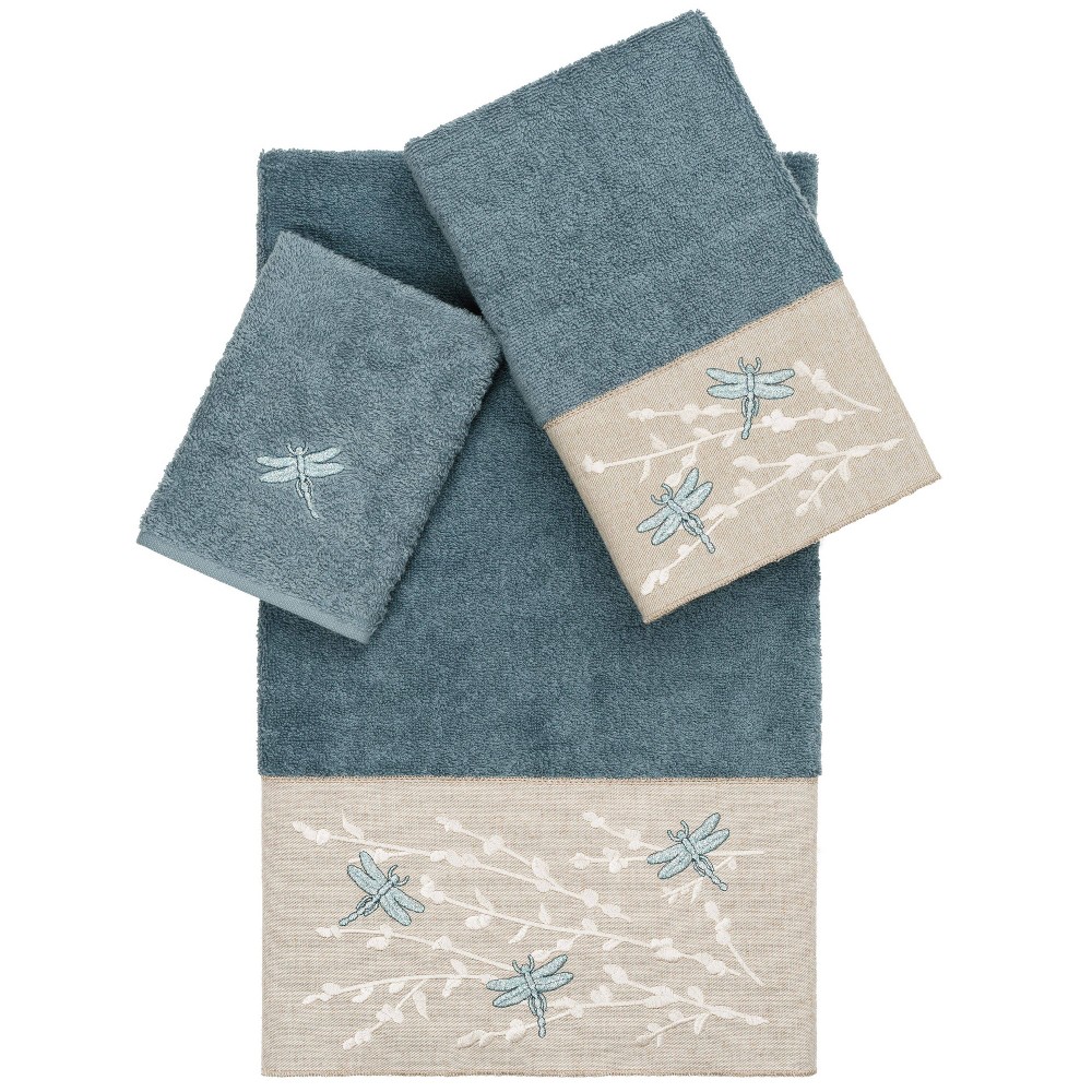 Photos - Towel Set of 3 Braelyn Embroidered  Teal - Linum Home Textiles: Dragonfly Pattern, Midweight