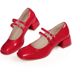 BLISSFUL STEP Women's Square Toe Ankle Strap Block Heels Mary Jane Pumps - 1 of 3