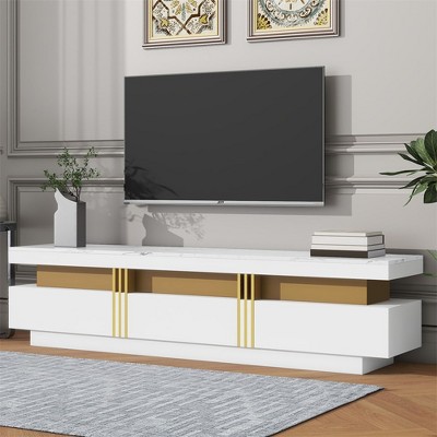 Modern TV Stand, High Gloss Faux Marble Top, Home Entertainment Center, With 3 Storage Drawers, TV Cabinet