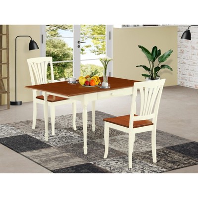 East West Furniture 3 Pc Kitchen Table set - Robust Two 9-Inch Drop Down Leaves Solid Wood Dinette Table & 2 Wooden Seat Dining Chairs,  White