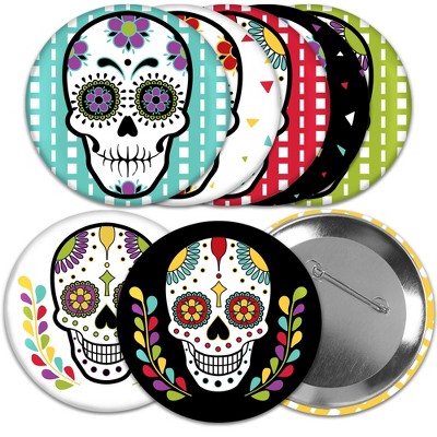 Big Dot of Happiness Day of the Dead - 3 inch Sugar Skull Party Badge - Pinback Buttons - Set of 8