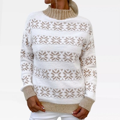 Womens Pullover Sweater Turtleneck Snowflakes Sweater Christmas Sweater Ribbed Knit Long Sleeve Sweater
