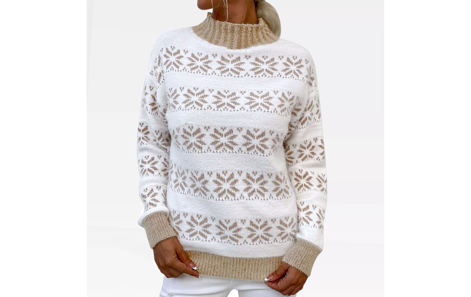 Womens Christmas Sweaters Pullover Mock Neck Snowflakes Sweaters Winter Warm Sweater Color Block Festive Outfits Ugly Christmas Sweaters, Khaki - S