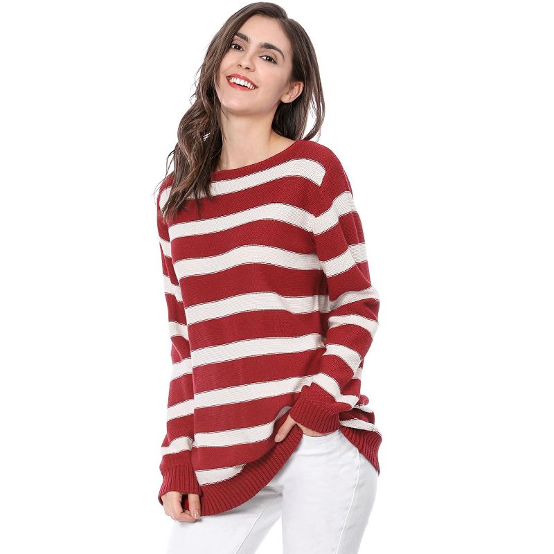 Allegra K Women's Long Sleeves Drop Shoulder Loose Striped Sweater, 1 of 7
