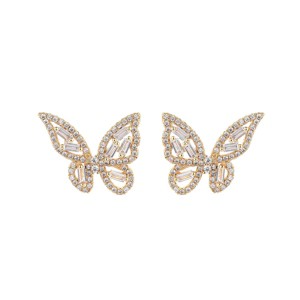 14k Gold and Sterling Silver Round and Baguette Butterfly Earrings with Crystals - 1 of 4