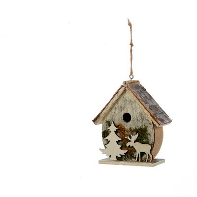 Kurt S. Adler 4.5" Wooden Birdhouse with Christmas Tree and Reindeer Cut-Out Decorative Ornament