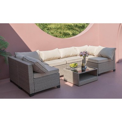 FIONECA 7-Piece Boho Outdoor Sectional Sofa Set with Water-Resistant Grey Cushions