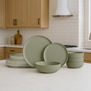 SEVOBAL 12-Piece Stoneware Dinnerware Set Microwave Dishwasher Friendly Stackable Matte Glaze Plates Bowls Service for 4, Green, 10"*10"*2.4" - 1 of 4