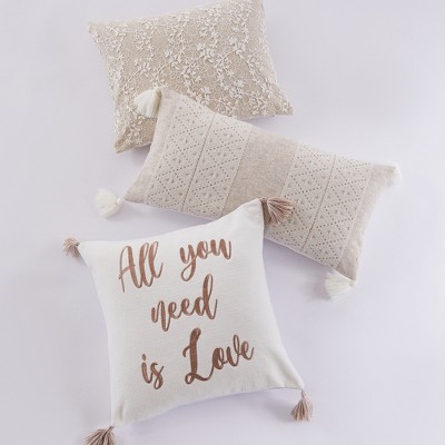 Sanira Cream and Taupe Embroidered Decorative Pillow with Tassels