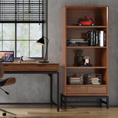 NicBex Bookcases for Living Room Modern 66" H 4 Tier Storage Wood Bookshelves with Adjustable Shelves and 2 Drawers for Office Home