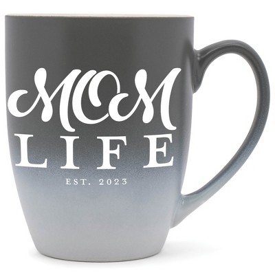 Elanze Designs Mom Life Est 2023 Two Toned Ombre Matte Grey and White 12 ounce Ceramic Stoneware Coffee Cup Mug
