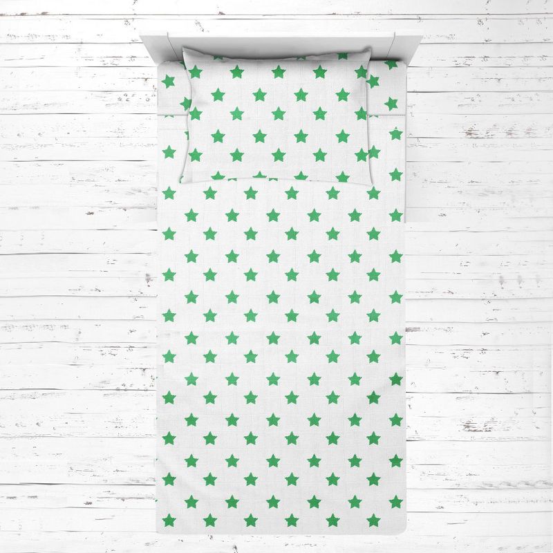 Bacati - Stars Green Muslin 3 pc Toddler Bed Sheet Set 100 percent cotton, 1 of 7