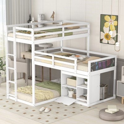 Twin Size L-shaped Wood Triple Bunk Bed With Storage Cabinet, Ladder ...