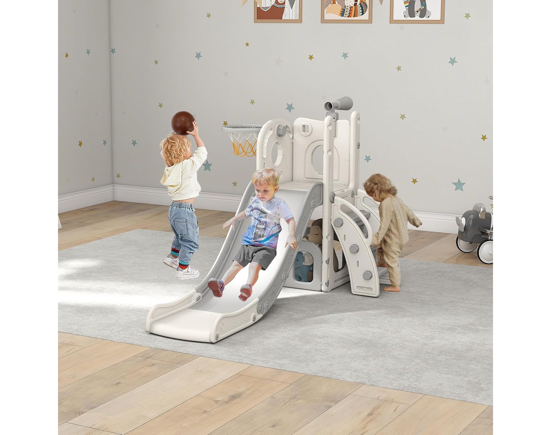 Kinsuite 6 in 1 Indoor Slide for Toddler 1-3 Age - Freestanding Baby Slide, White&Grey