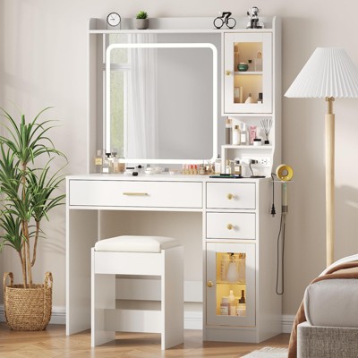 White Vanity Desk with LED Mirror, Charging Station, RGB Cabinets & Stool