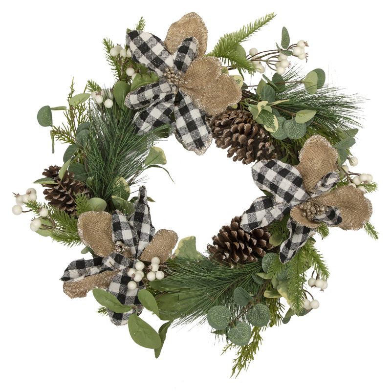 Northlight Magnolia and Frosted Pine Cones Artificial Christmas Wreath -  22-Inch, Unlit, 1 of 5